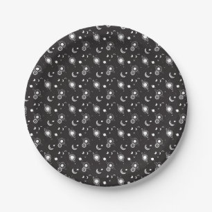 White black celestial sun moon galaxy pattern paper plate