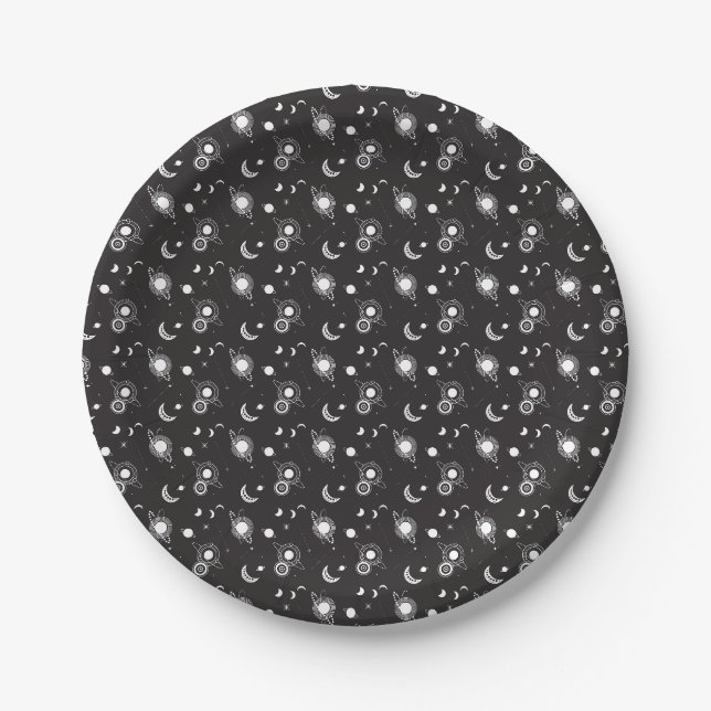 White black celestial sun moon galaxy pattern paper plate (Front)