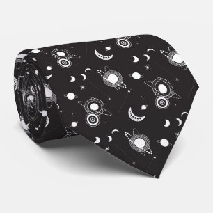 White black celestial sun moon galaxy pattern tie