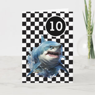 White Black Chequered Shark 10th Birthday Card
