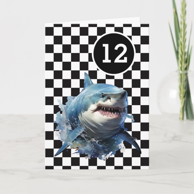 White Black Chequered Shark 12th Birthday Card (Front)