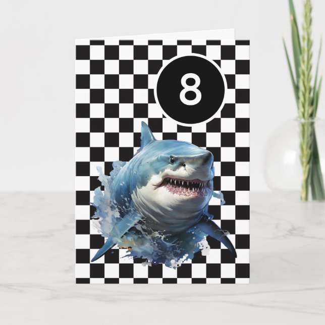 White Black Chequered Shark 8th Birthday Card (Front)