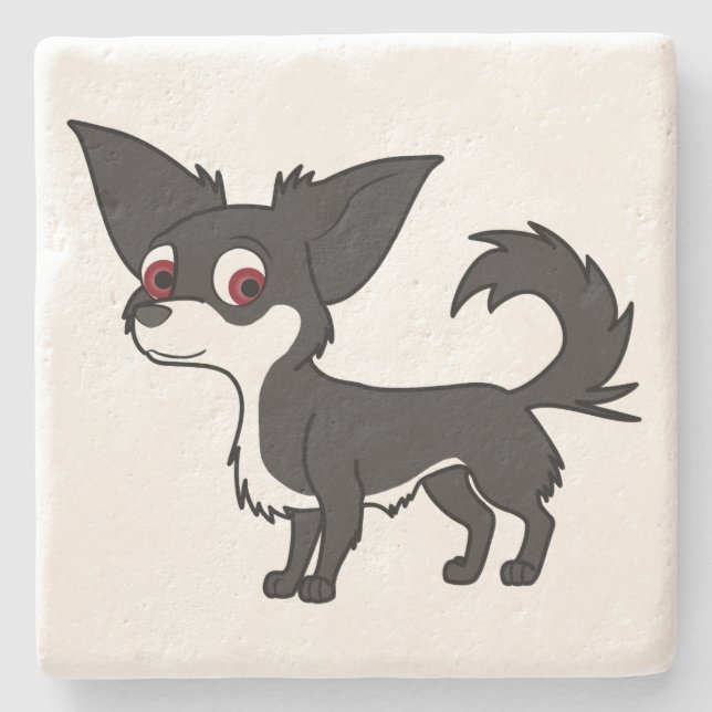 White & Black Chihuahua with Long Hair Stone Coaster (Front)