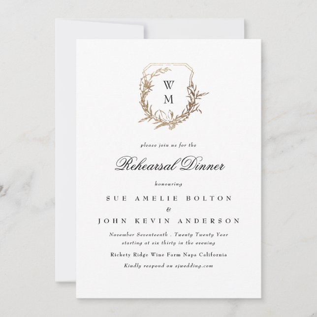 white black classic gold crest rehearsal dinner invitation (Front)