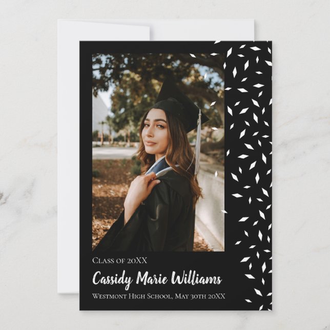 White Black Confetti Graduation Announcement (Front)