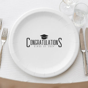 White & Black Congratulations Class Of Graduation Paper Plate