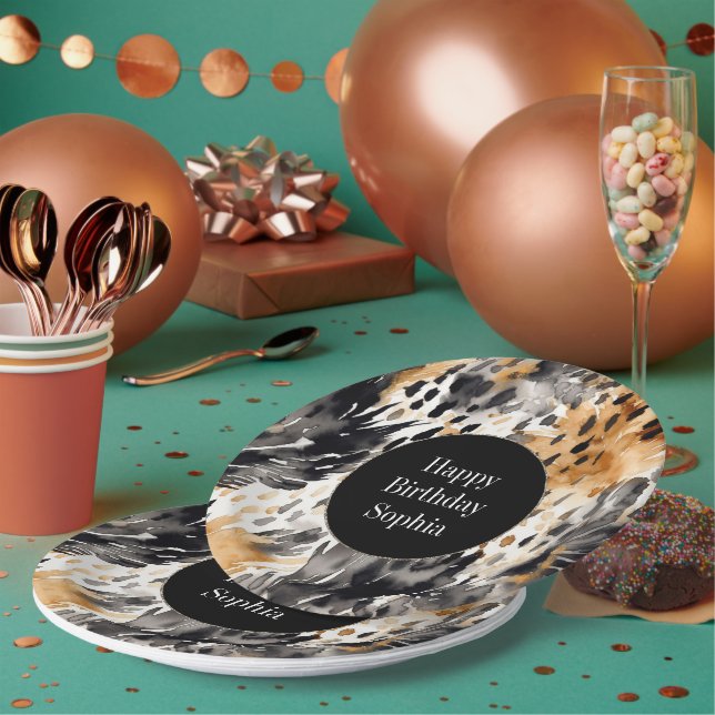 White Black Cream Leopard Animal Birthday Paper Plate (Multi)
