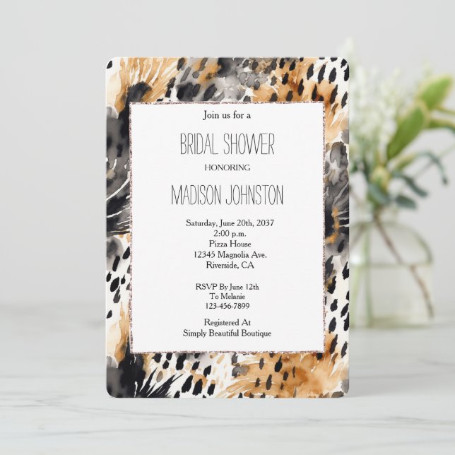 White Black Cream Leopard Animal Bridal Shower Invitation (Standing Front)
