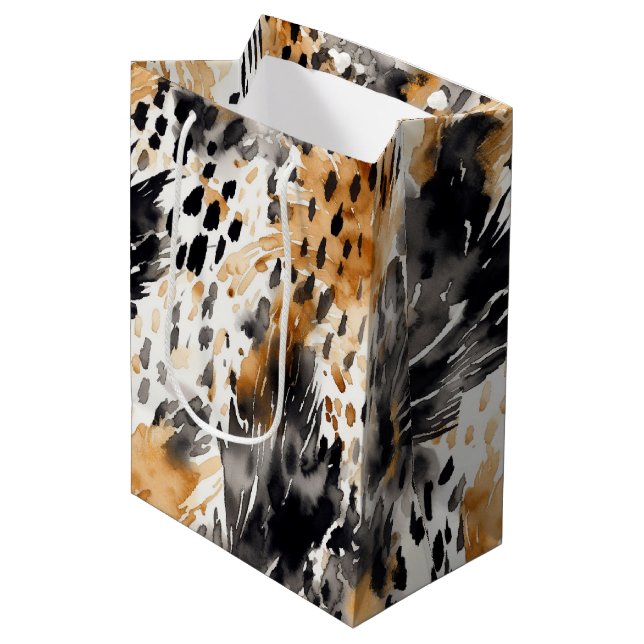 White Black Cream Leopard Animal Floral Birthday Medium Gift Bag (Front Angled)