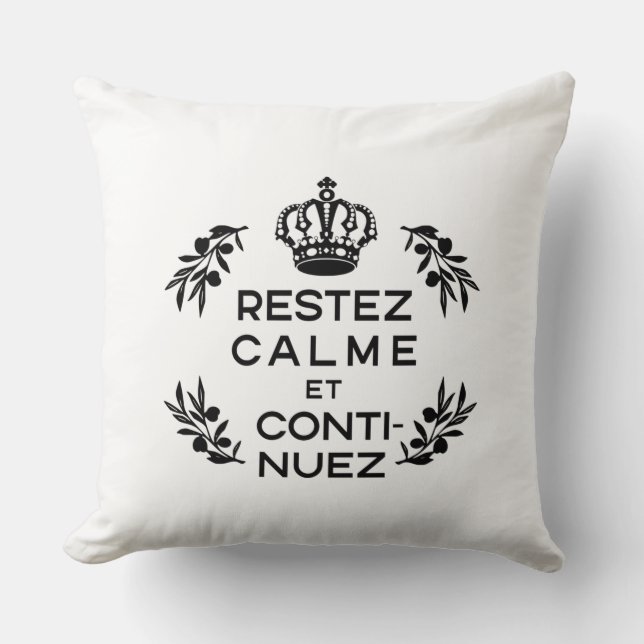 white black crest French Keep Calm and Carry On Throw Pillow (Front)