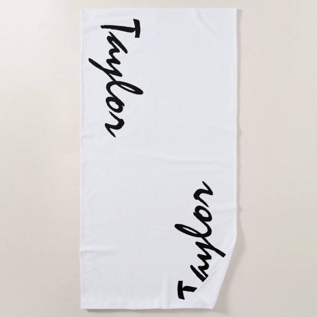 White Black Custom Name Personalized Beach Towel (Front)