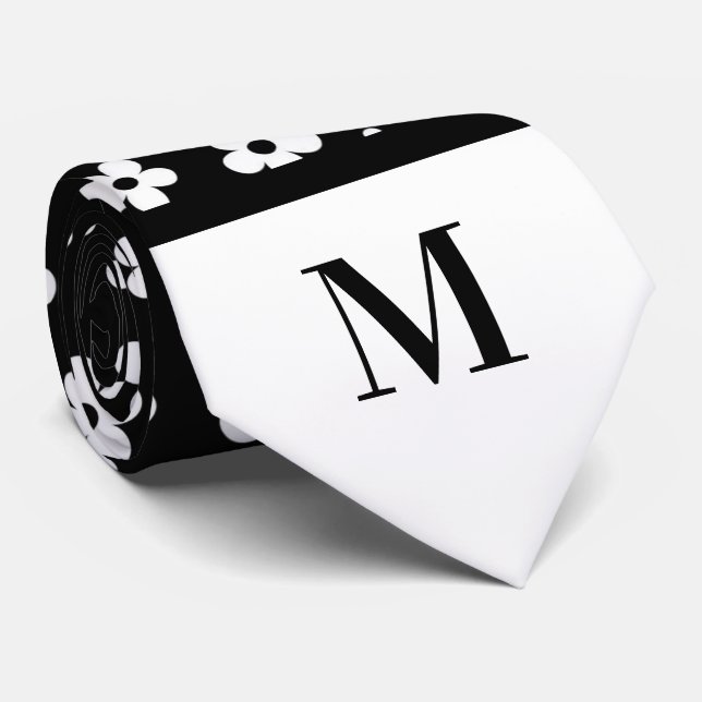 White & Black Daisies Monogramed Necktie (Rolled)