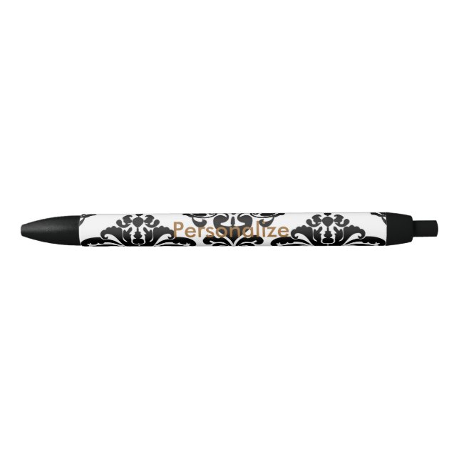White & Black Damask Elegant Personalized Chic Blue Ink Pen (Front)
