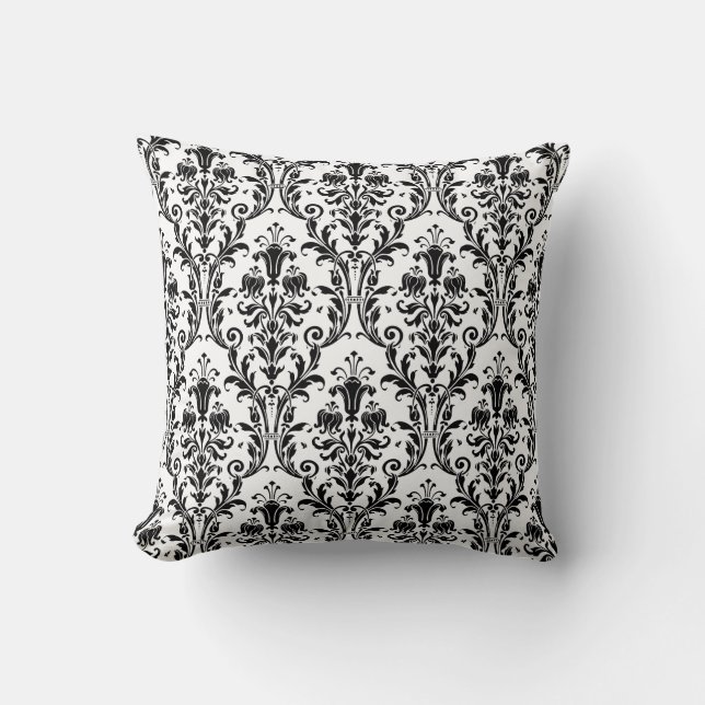 White & Black Damask Floral Swirls 4 Throw Pillow (Front)