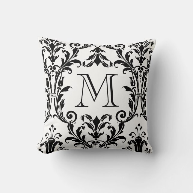 White & Black Damask Floral Swirls Monogram Throw Pillow (Front)