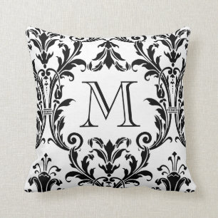 White & Black Damask Floral Swirls Monogram Throw Pillow