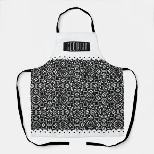 White black damask pattern white scalloped borders apron