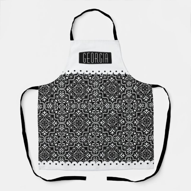 White black damask pattern white scalloped borders apron (Front)