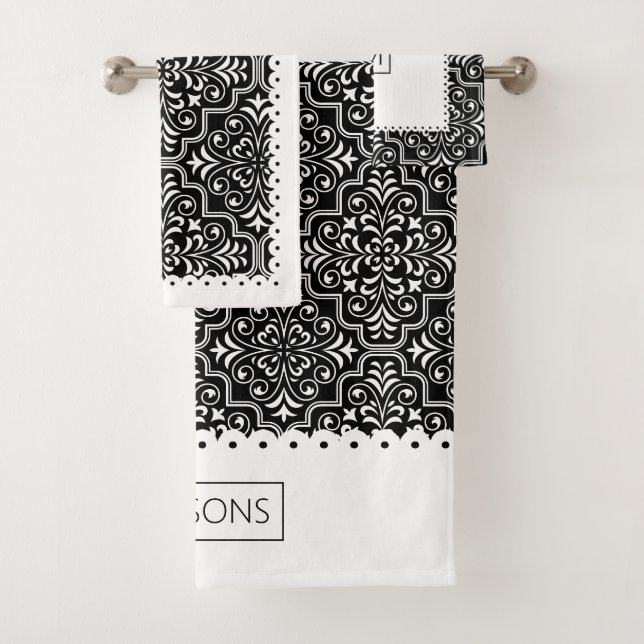 White black damask pattern white scalloped borders bath towel set (Insitu)