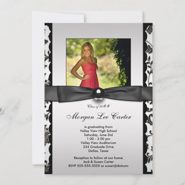 White Black Damask Photo Graduation Announcement (Front)