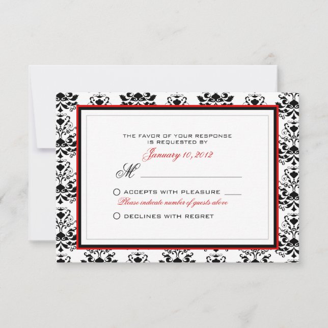 White & Black Damask Red Accent RSVP Custom Card (Front)