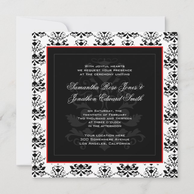 White & Black Damask Red Photo Wedding Invitation (Front)