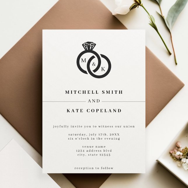 White & Black Diamond Ring Monogram Wedding Invitation (White & Black Diamond Ring Monogram Wedding Invitation)