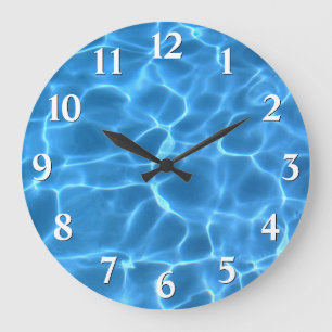 White Black Drop Shadow Numbers Blue Swimming Pool Large Clock