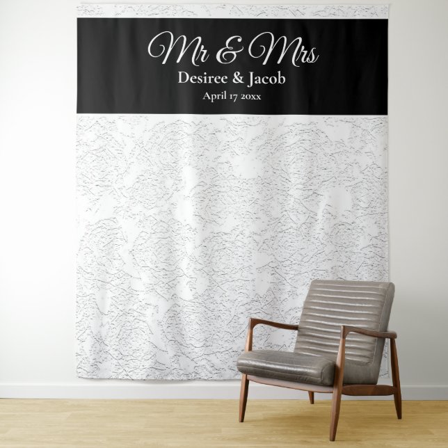 White Black Elegant Wedding Photo Booth Backdrop Tapestry (In Situ)