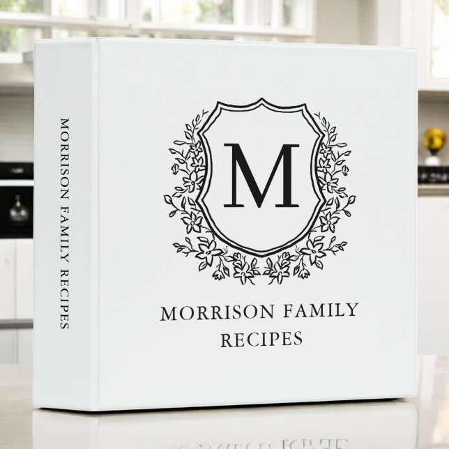 White Black Floral Crest Monogram Family Recipe Binder (Creator Uploaded)