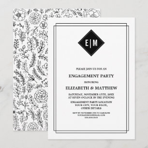 White   Black Floral Engagement Party Invitation