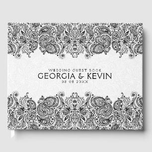 White & Black Floral Paisley Lace Guest Book