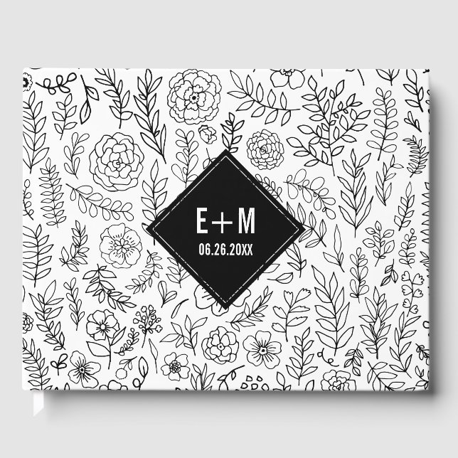White Black Floral Pattern Wedding Guest Book (Front)