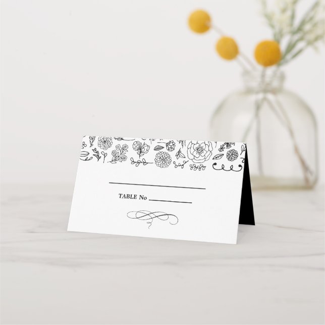 White | Black Floral Wedding Table Place Cards (Front)