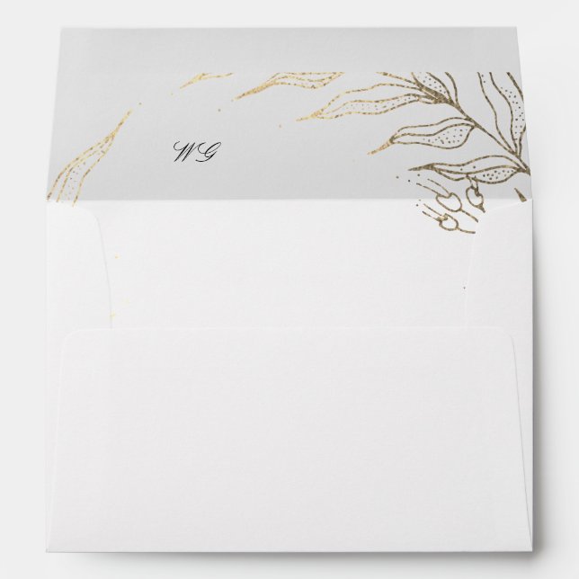 White Black Flower Wreath Gold Wedding Invitation Envelope (Back (Bottom))