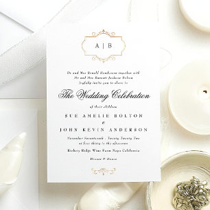 white black formal gold crest monogram wedding invitation