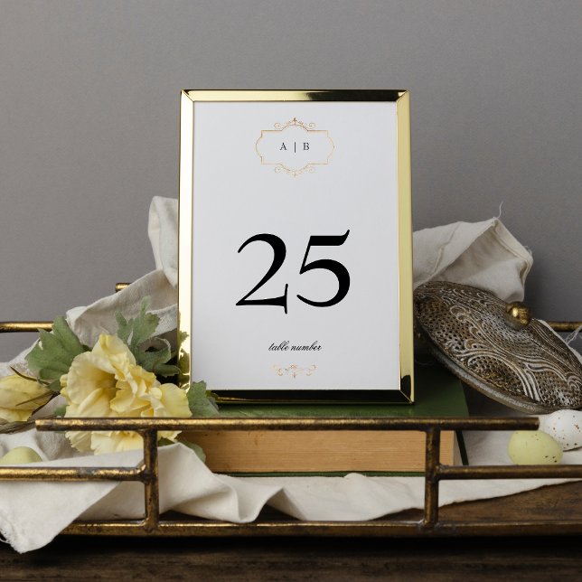 white black formal gold crest monogram wedding table number (Creator Uploaded)