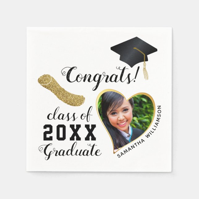 White Black Gold Class of 2025 Graduate Graduation Napkin (Front)