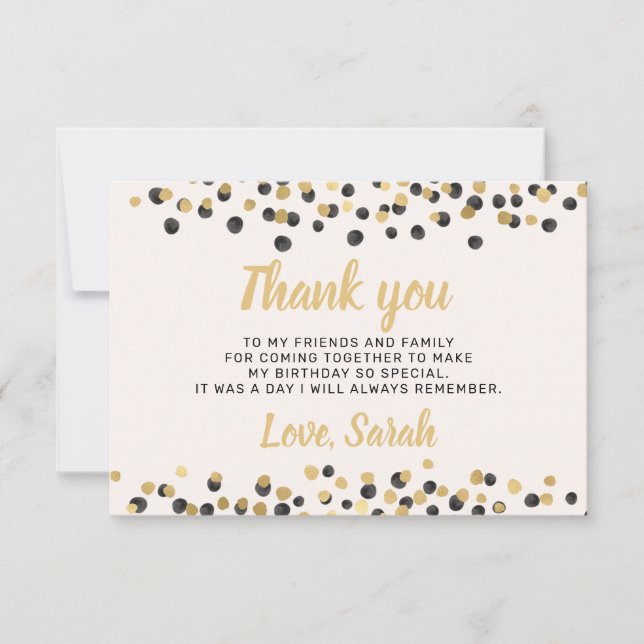 White Black Gold Confetti Birthday Thank You Card (Front)