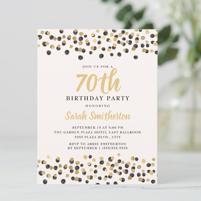 White Black Gold Confetti Glitter 70th Birthday Invitation (Black and gold confetti on white 70th birthday party invitation)