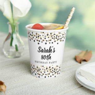 White Black Gold Confetti Glitter 80th Birthday Paper Cups