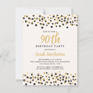 White Black Gold Confetti Glitter 90th Birthday Invitation