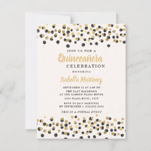 White Black Gold Confetti Glitter Quinceanera Invitation