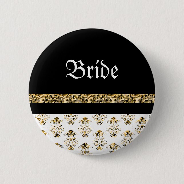 White black gold damask wedding 2 inch round button (Front)