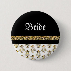 White black gold damask wedding 2 inch round button