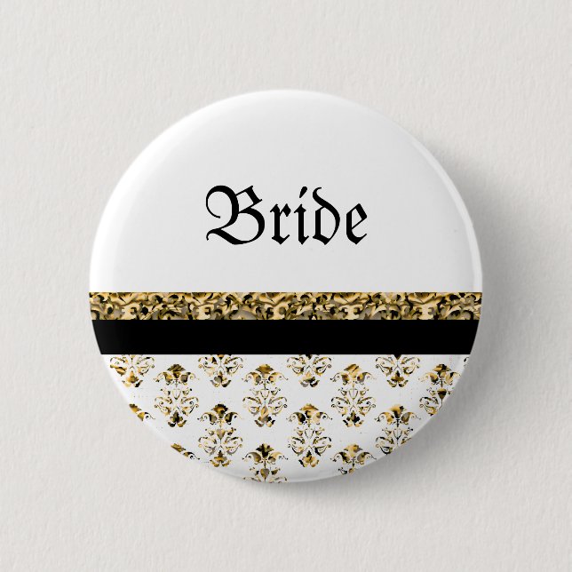 White black gold damask wedding 2 inch round button (Front)