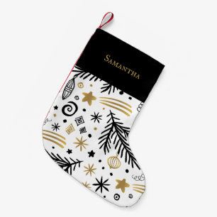 White black gold doodle pine with name festive small christmas stocking