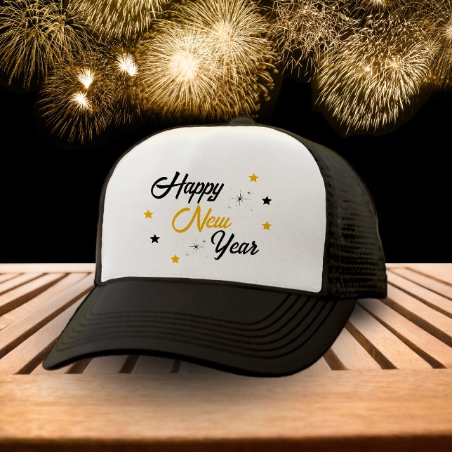 White Black & Gold Happy New Year Trucker Hat (White Black & Gold Happy New Year Trucker Hat)