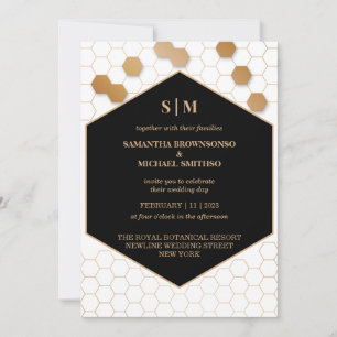White Black Gold Honeycomb Wedding Invitation