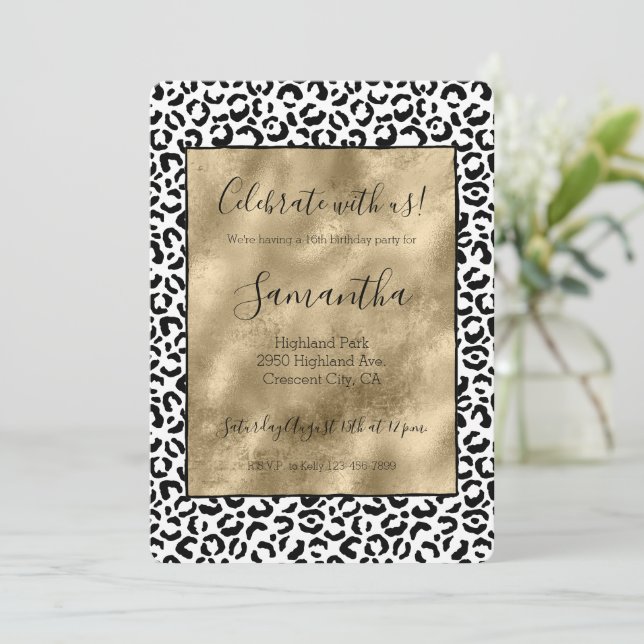 White Black Gold Leopard Print   Invitation (Standing Front)